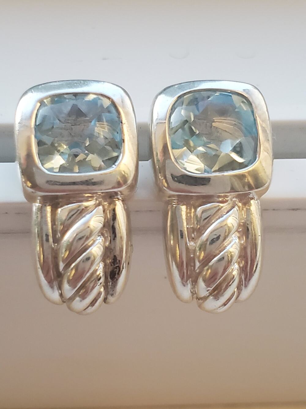 Vintage Judith Ripka Blue Topaz Sterling Silver 925 Semi Hoop Stud Earrings